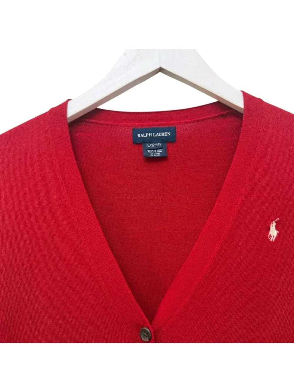 RALPH LAUREN Girls Cardigan Sweater Red Size Large 12-14 Cotton Preppy V-neck